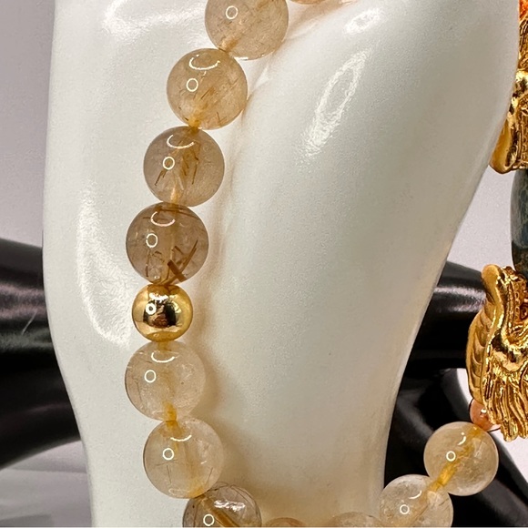 GOLD RUTILATED QUARTZ + SEA JASPER NATURAL STONES BRACELET size 7.5” - Picture 3 of 10
